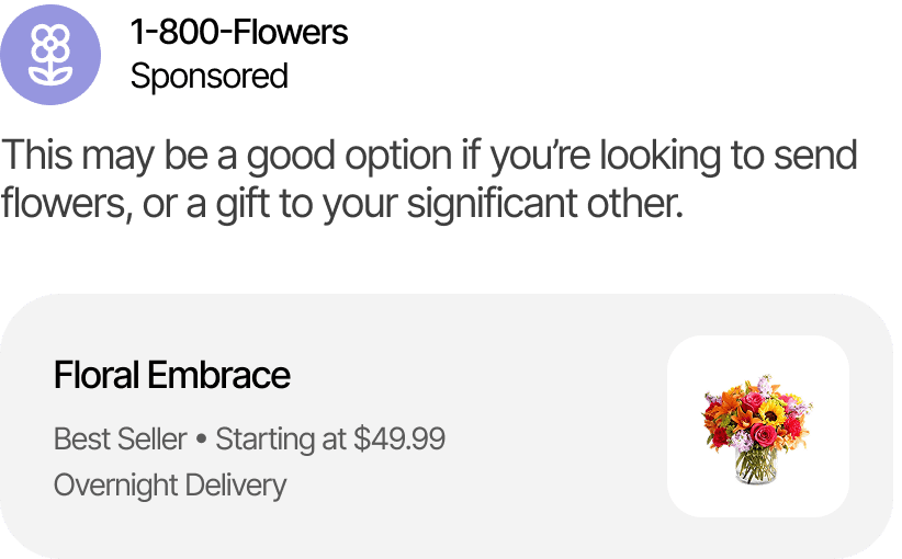 1-800-Flowers sponsored ad placement appearing in ChatGPT gift recommendation response