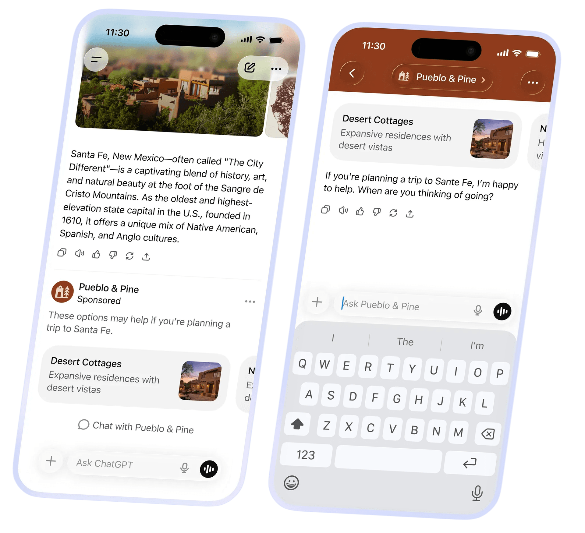 ChatGPT mobile app showing sponsored ads from Pueblo & Pine appearing in AI-generated travel recommendations for Santa Fe, New Mexico, with Desert Cottages listing and chat interface