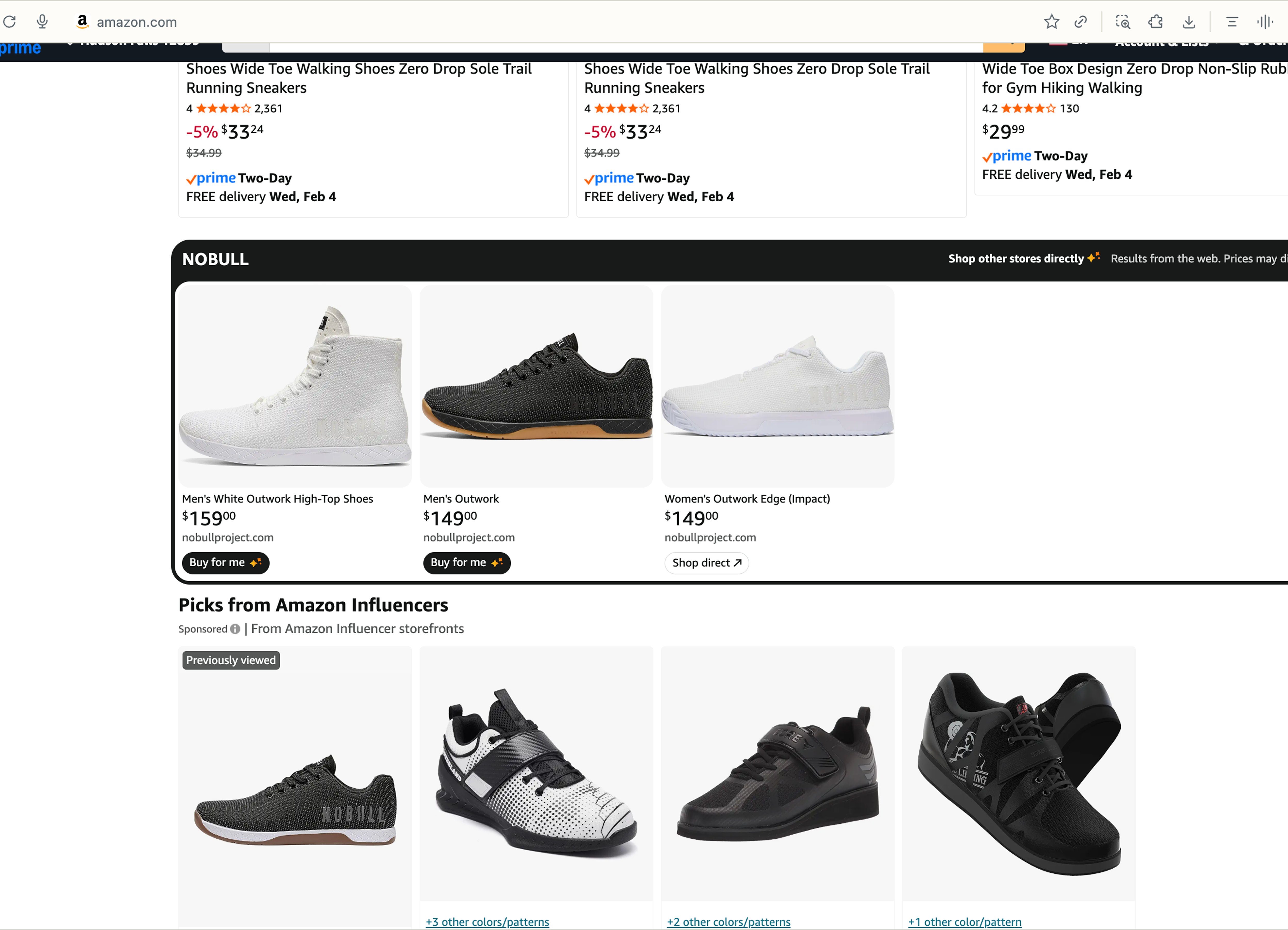 Amazon search results showing NOBULL shoes with Buy for Me buttons, displaying multiple product options from nobullproject.com with prices and the option to purchase directly through Amazon's AI agent