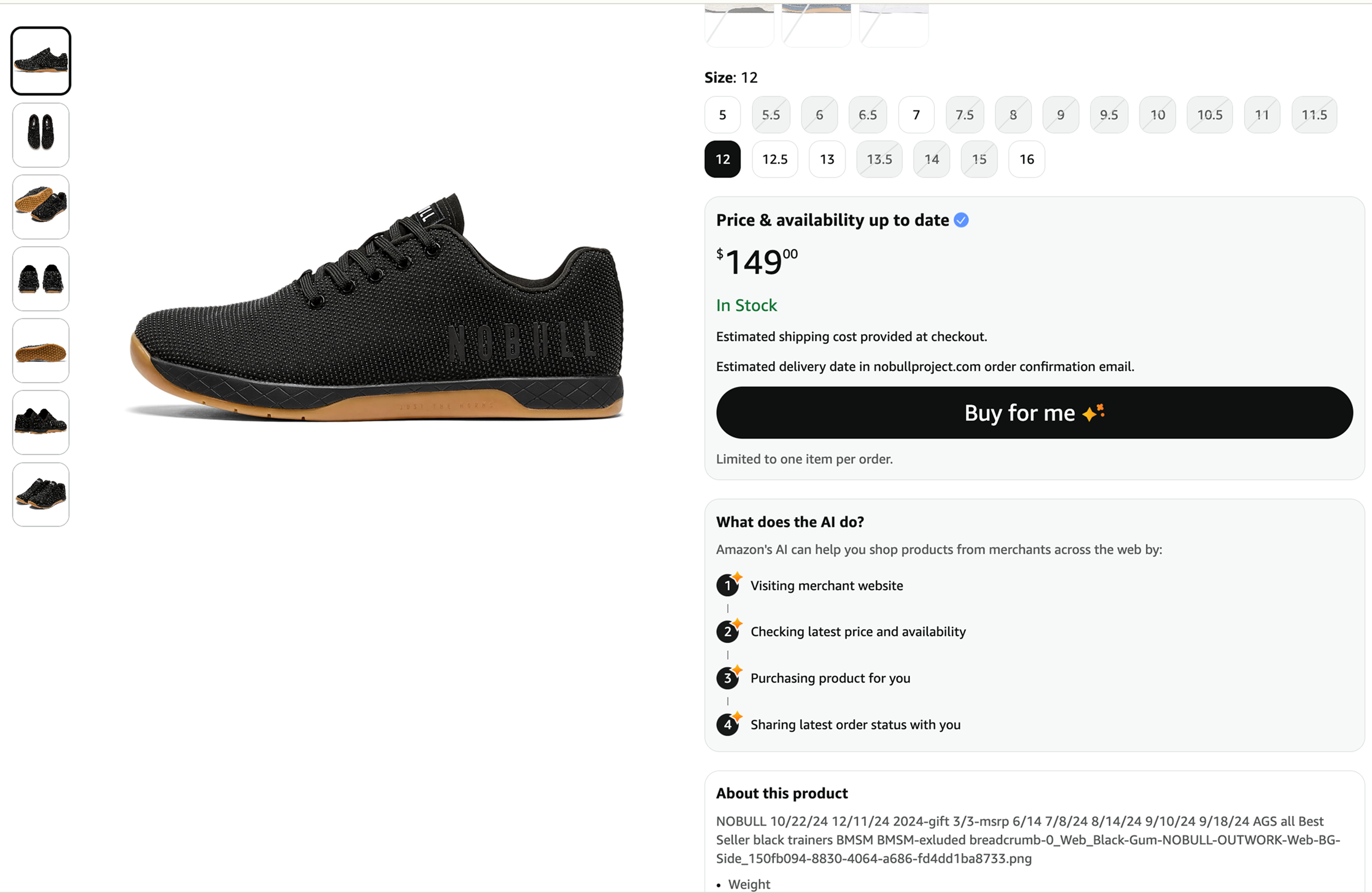 Amazon Buy for Me checkout screen showing the AI agent process: visiting merchant website, checking price and availability, purchasing product, and sharing order status. Product shown is NOBULL Outwork shoes at $149 with size selection and In Stock status.
