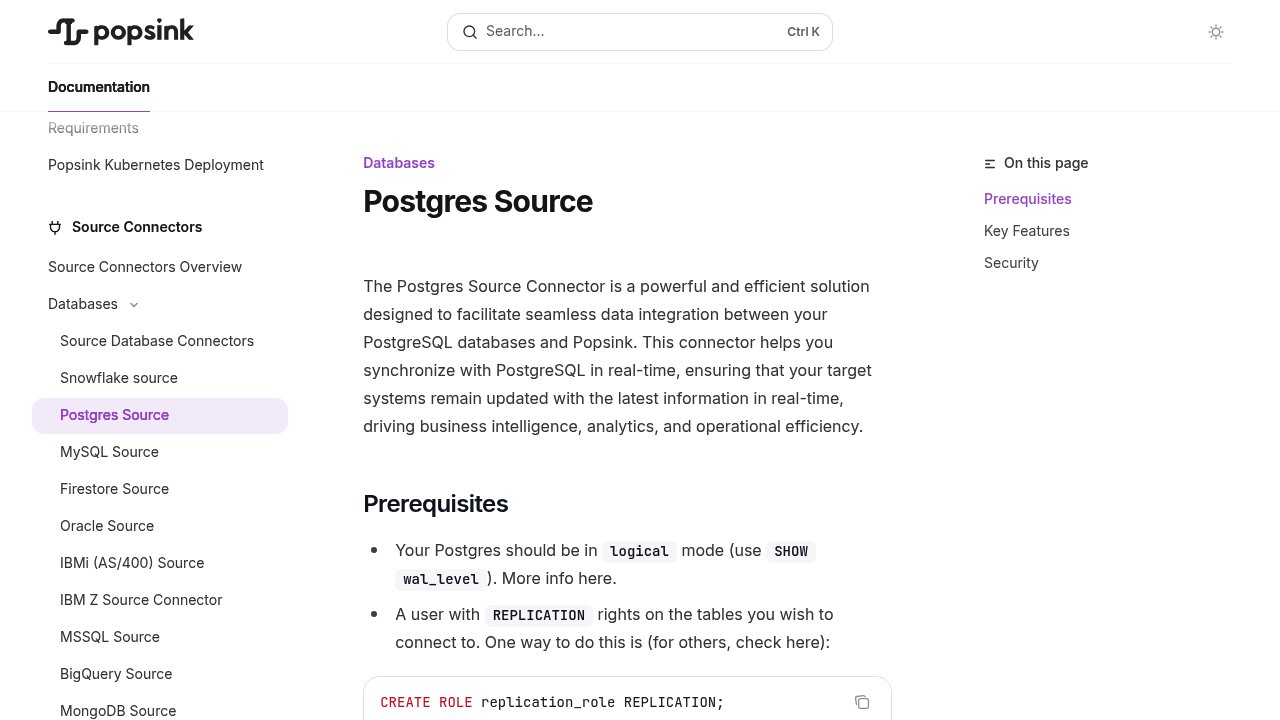 Popsink Postgres source connector documentation showing logical replication prerequisites for CDC to Snowflake