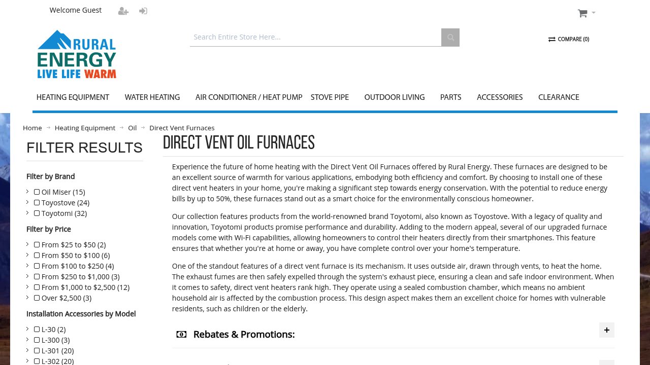 Rural Energy direct vent oil furnace category page showing Toyotomi Laser heater lineup for remote and off-grid properties