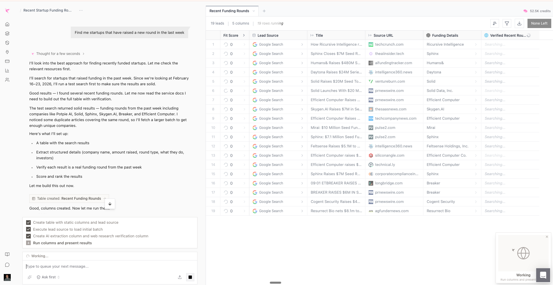 AI assistant interface displaying recent startup funding rounds table with 19 leads, company names, funding amounts, and source URLs.