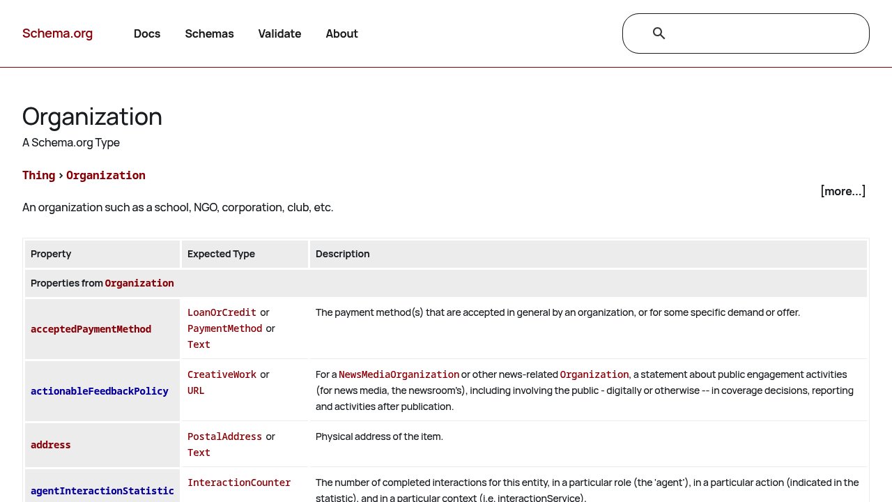 Schema.org Organization type documentation showing structured data properties used in AEO tech stack JSON-LD implementation