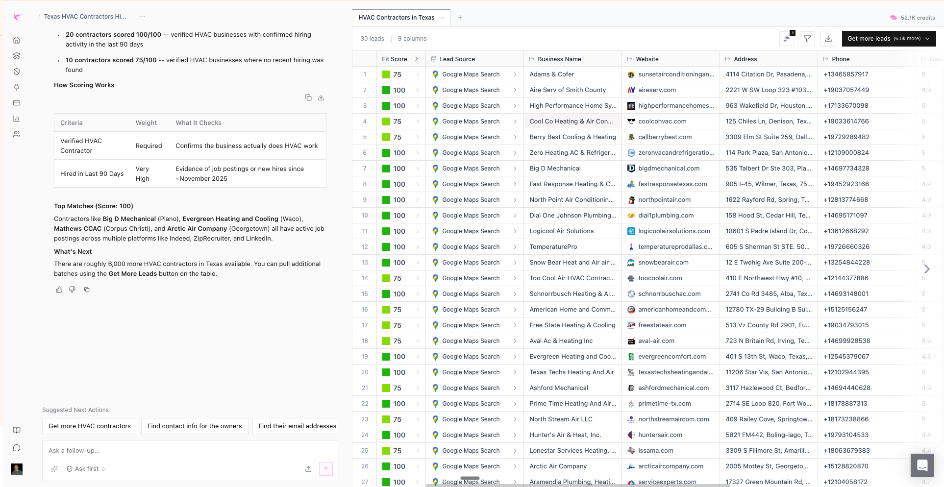 Texas HVAC contractors database with 30 leads showing business names, scores, websites, addresses, and phone numbers.