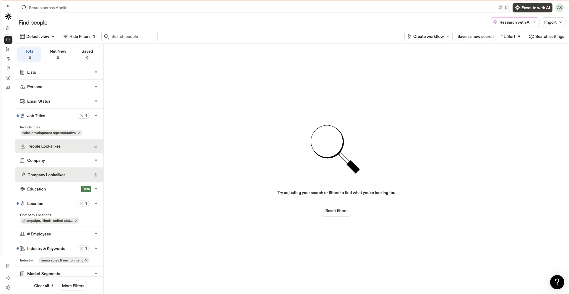 Apollo CRM people search interface with filters for job titles, location, industry, showing zero results with magnifying glass icon.