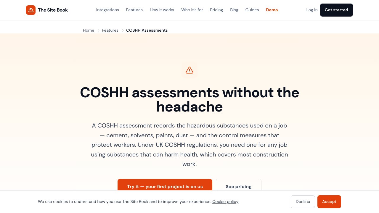 The Site Book COSHH assessment tool showing substance search and automatic data sheet extraction for construction sites