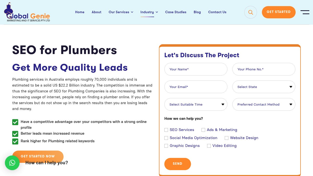 Global Genie SEO for plumbers and contractors page showing local trade SEO services across Australia