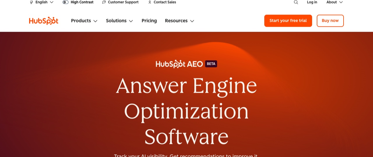 HubSpot AEO product page for answer engine optimization software, marked beta