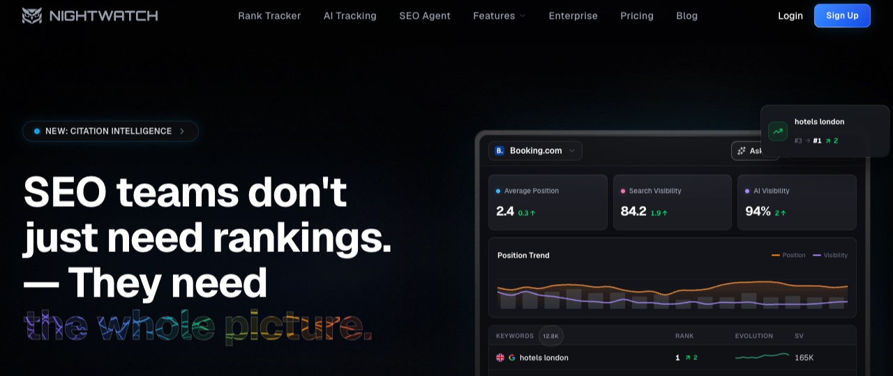 Nightwatch homepage showing unified search rankings and AI citations in one dashboard