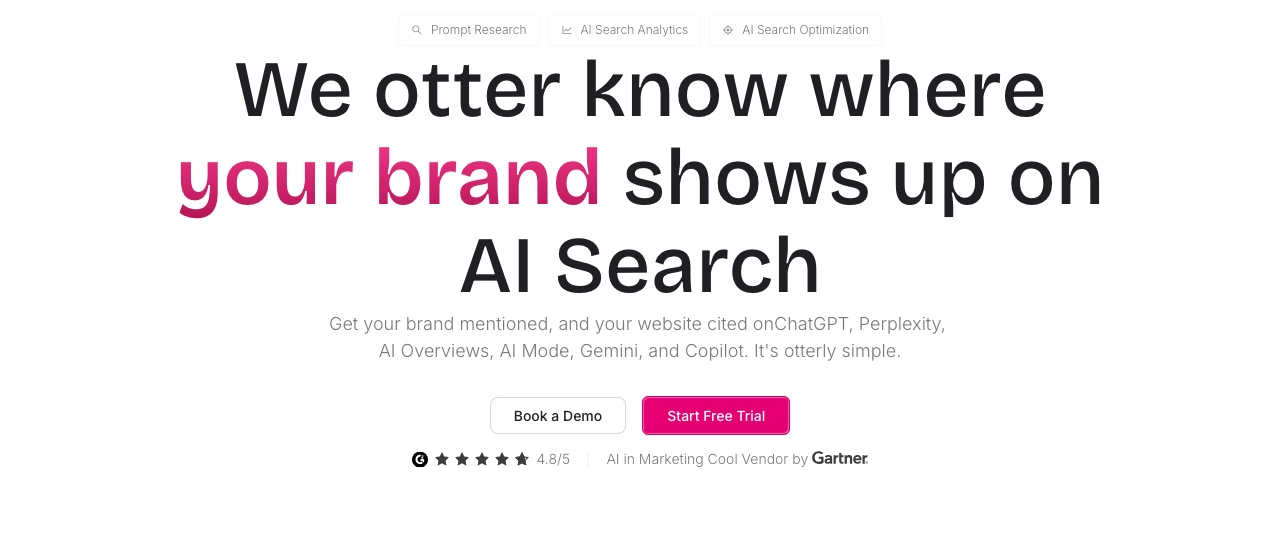 OtterlyAI homepage tracking where a brand shows up on AI search across six engines