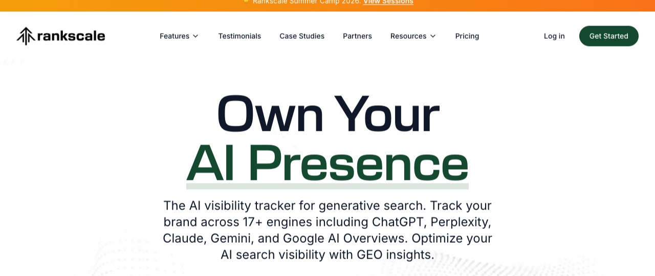 Rankscale homepage advertising AI visibility tracking across 17 or more engines