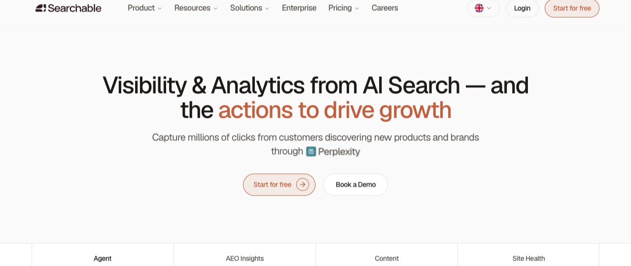Searchable homepage showing AI search visibility and analytics with the actions to drive growth