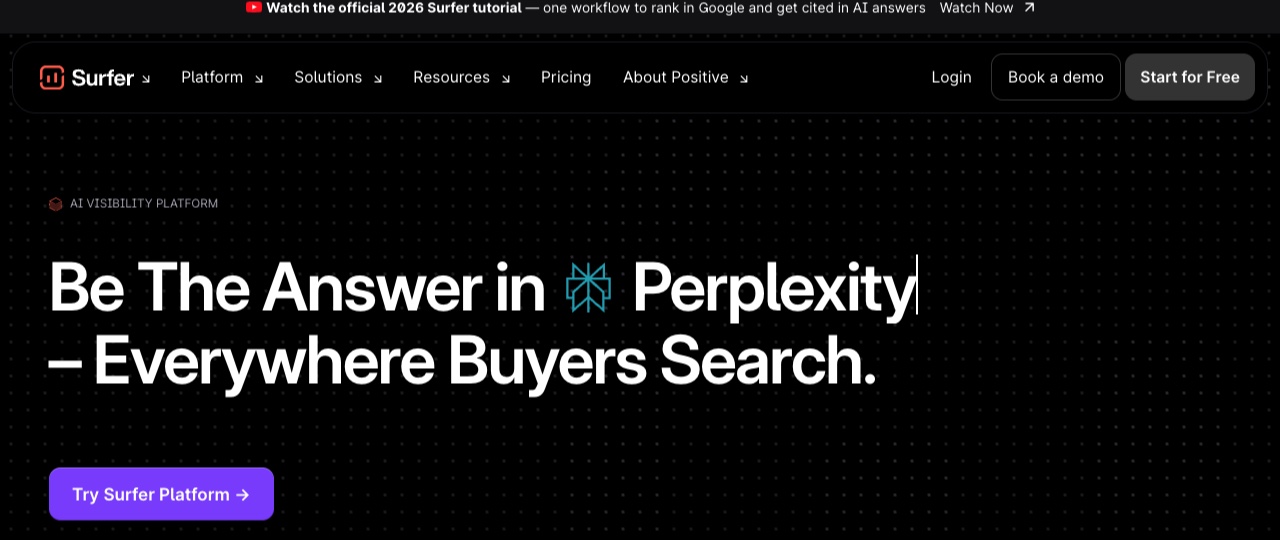 Surfer homepage headline on being the answer in Perplexity and everywhere buyers search