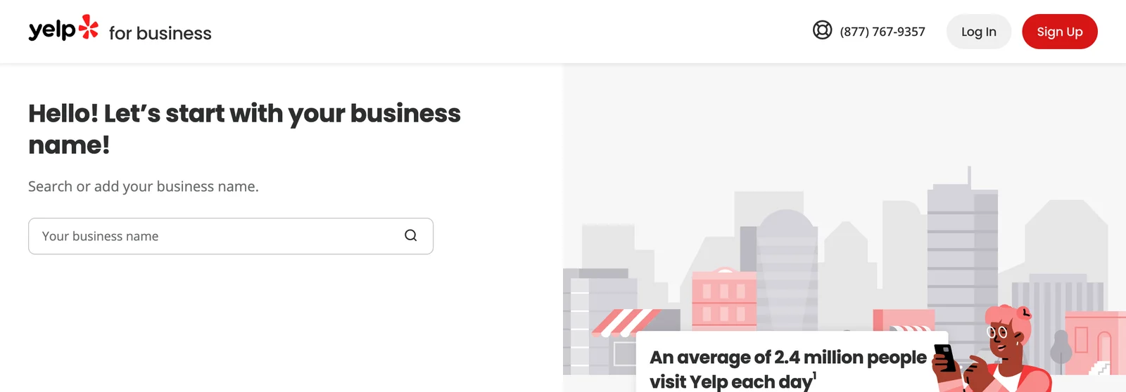 The first step of Yelp for Business's claim flow, headed "Hello! Let's start with your business name!", with a search box for a business owner to find and claim their listing