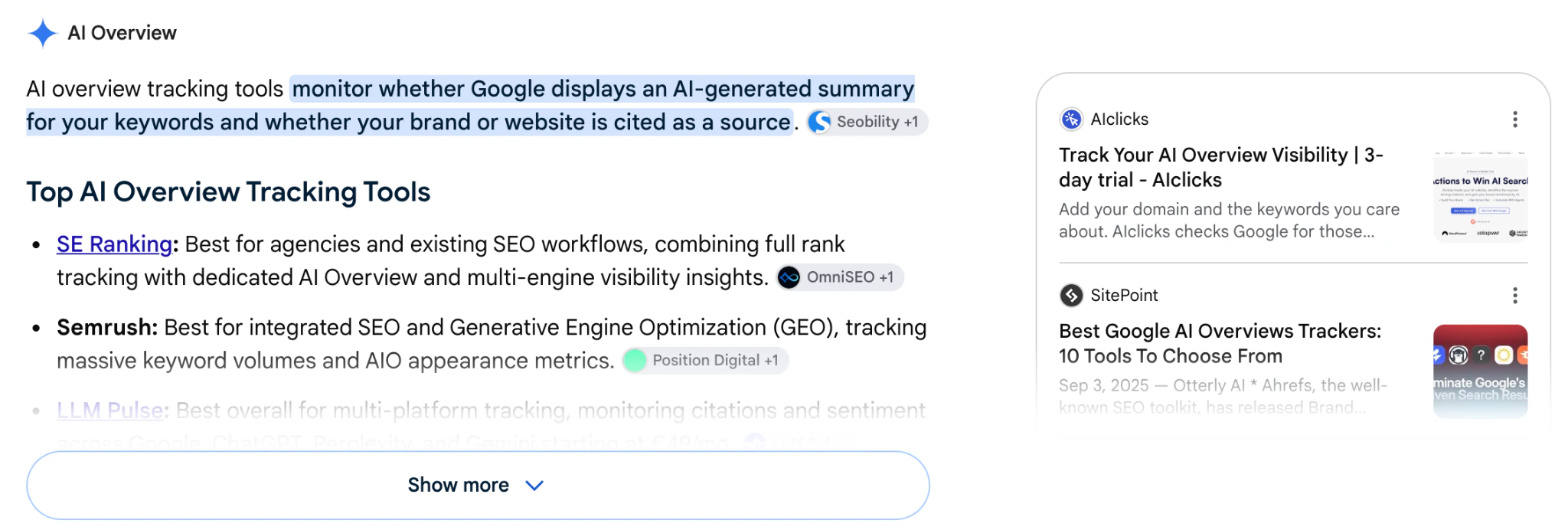 Google AI Overview for the query "AI overview tracking tools" with source chips for Seobility, OmniSEO, and Position Digital beside the answer text, cited pages from AIclicks and SitePoint in the right-hand panel, and a "Show more" button hiding the rest of the answer