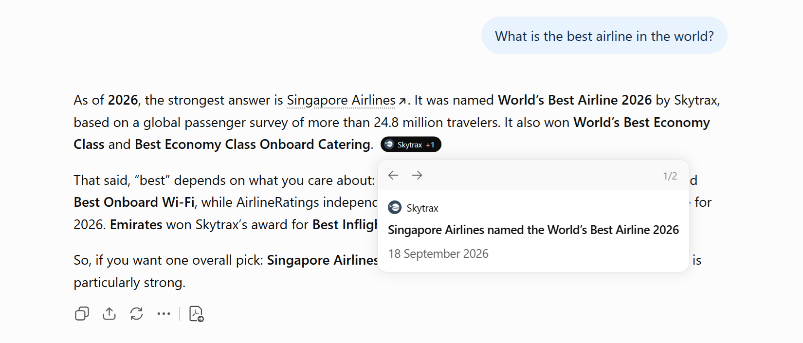 ChatGPT answer to "What is the best airline in the world?" that names Singapore Airlines in the text while the source card cites Skytrax's article on Singapore Airlines being named the World's Best Airline 2026