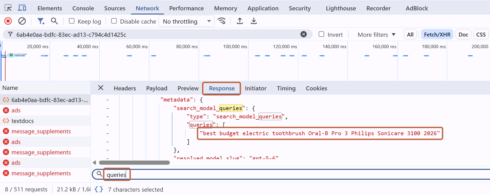 Chrome DevTools Response tab searched for "queries", showing ChatGPT's search_model_queries field with the sub-query "best budget electric toothbrush Oral-B Pro 3 Philips Sonicare 3100 2026"