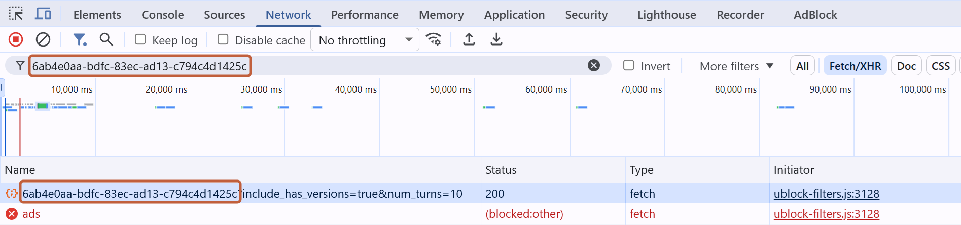 Chrome DevTools Network tab with the ChatGPT conversation ID boxed in the filter and in the matching request under the Name column
