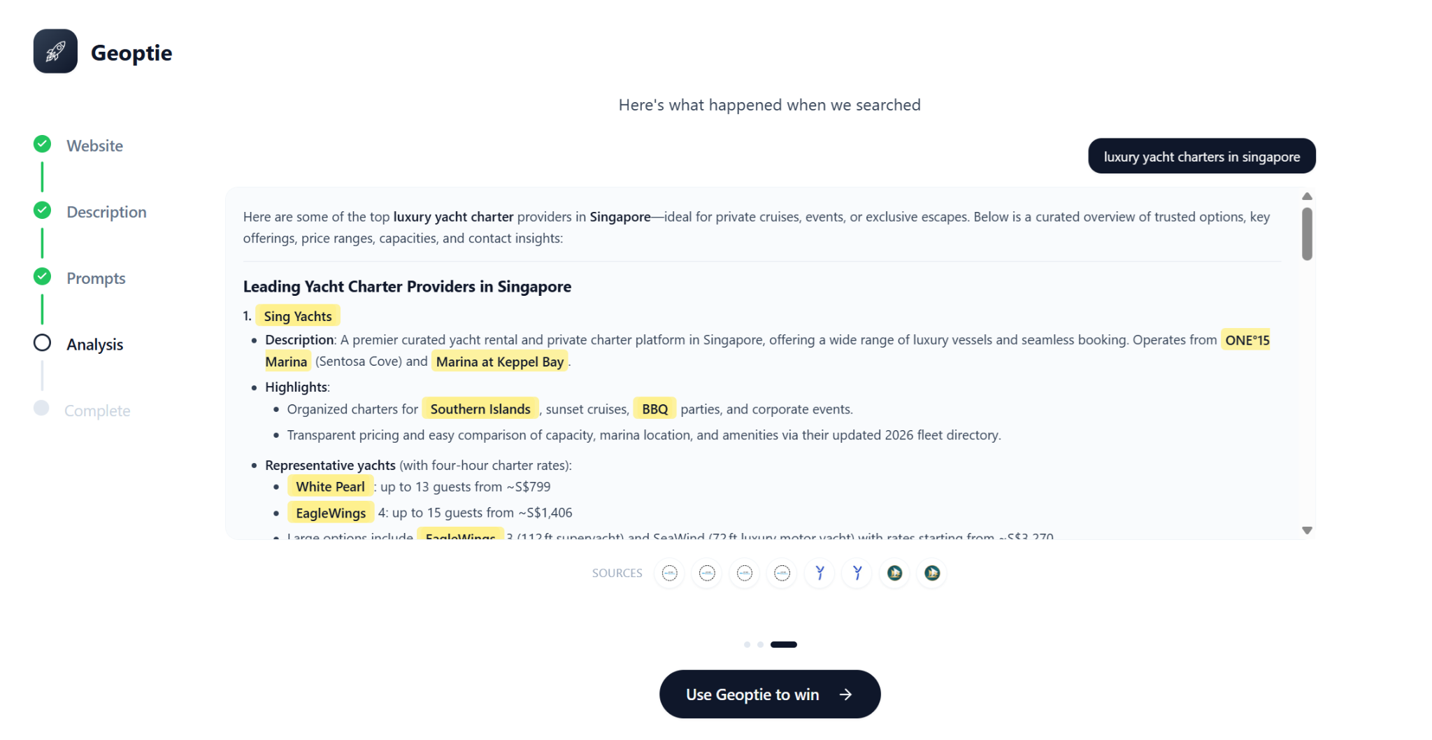 Geoptie onboarding snapshot showing ChatGPT's answer to the prompt "luxury yacht charters in singapore" with mentioned brands highlighted