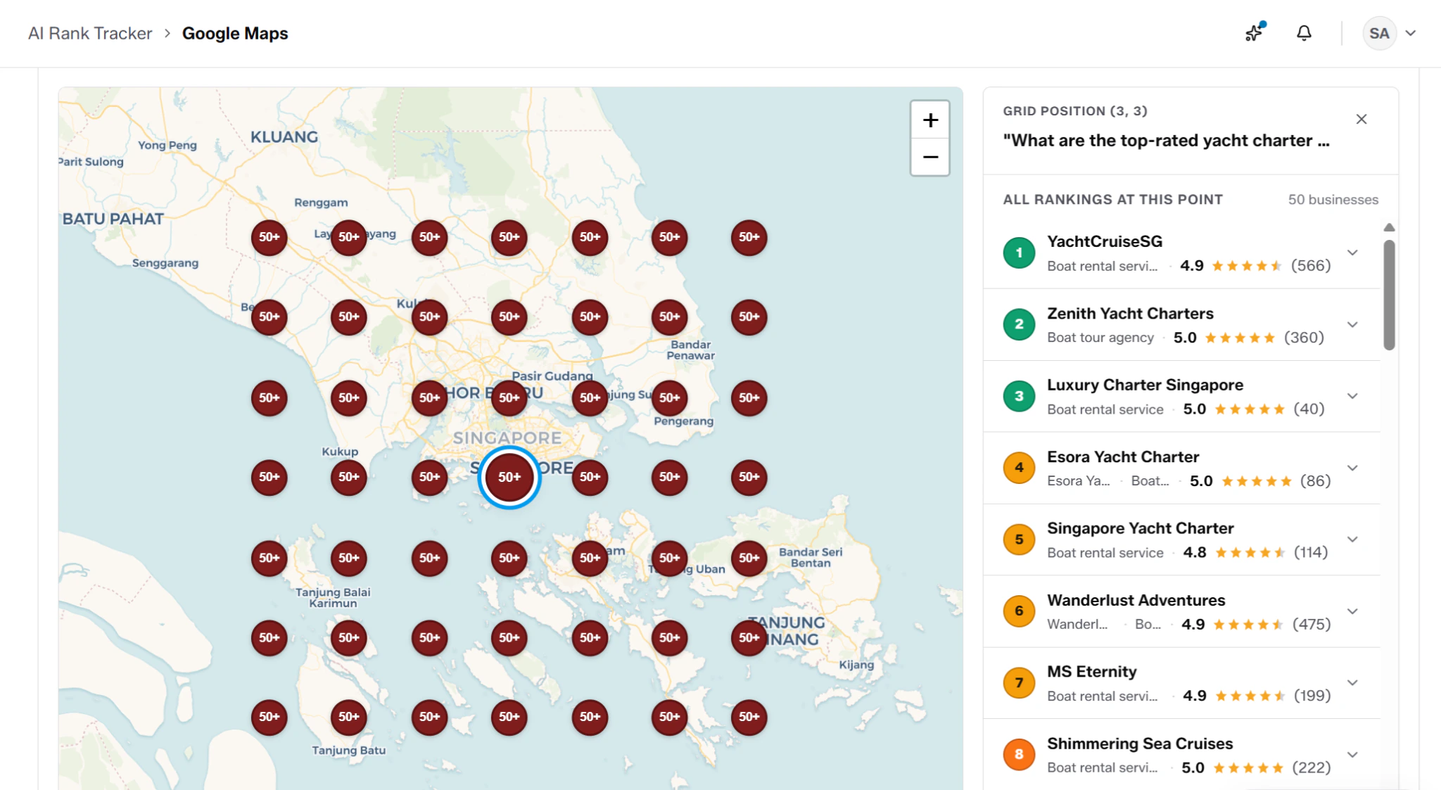 LPagery Google Maps report showing ranking positions on a map grid over Singapore, with a ranked list of businesses for the selected grid point