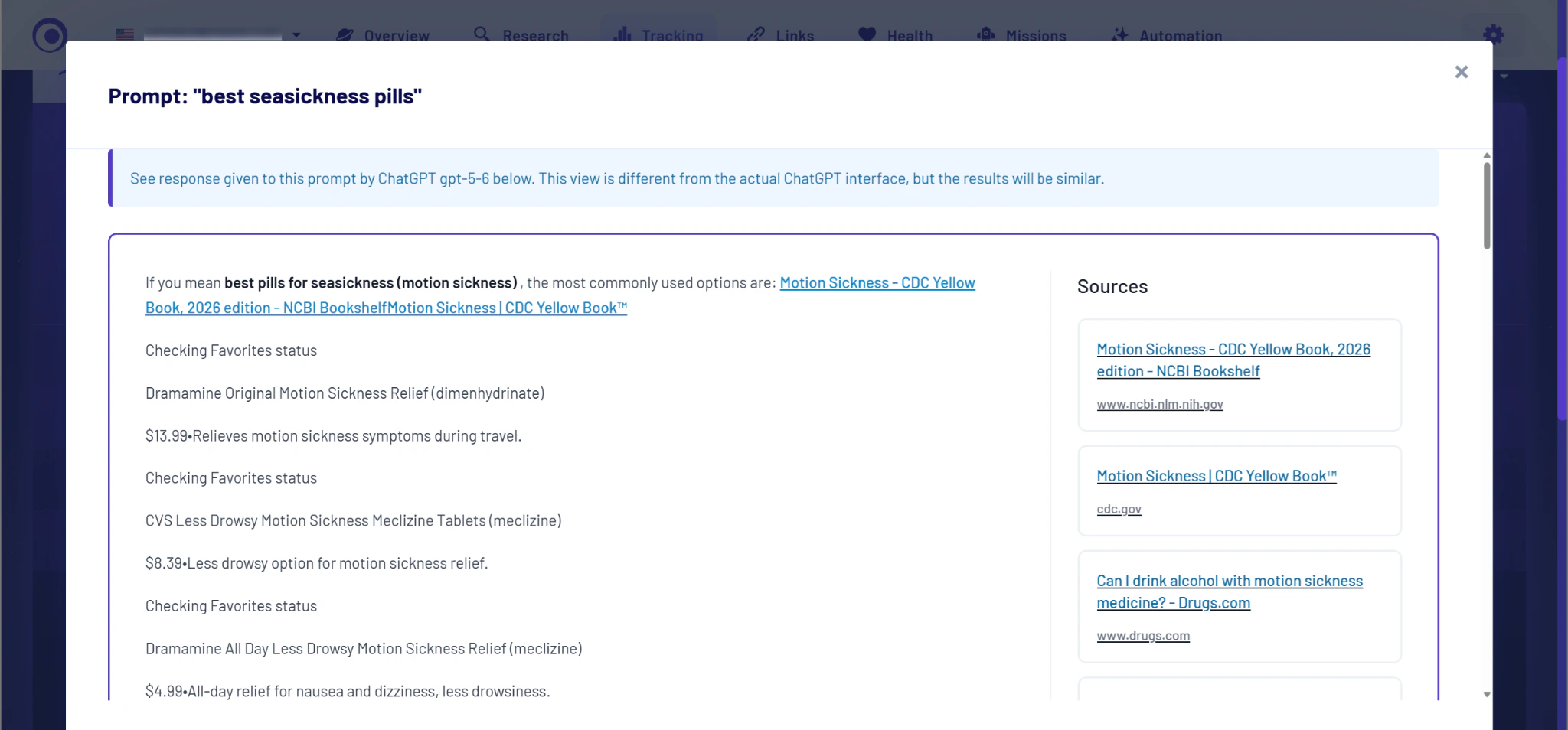 Morningscore prompt view for "best seasickness pills" showing ChatGPT's response next to the list of sources it cited
