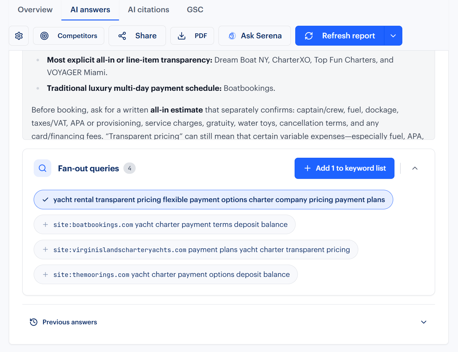 Rankability AI answers tab with a Fan-out queries panel listing four sub-queries ChatGPT ran for a yacht charter prompt, one of them selected for tracking