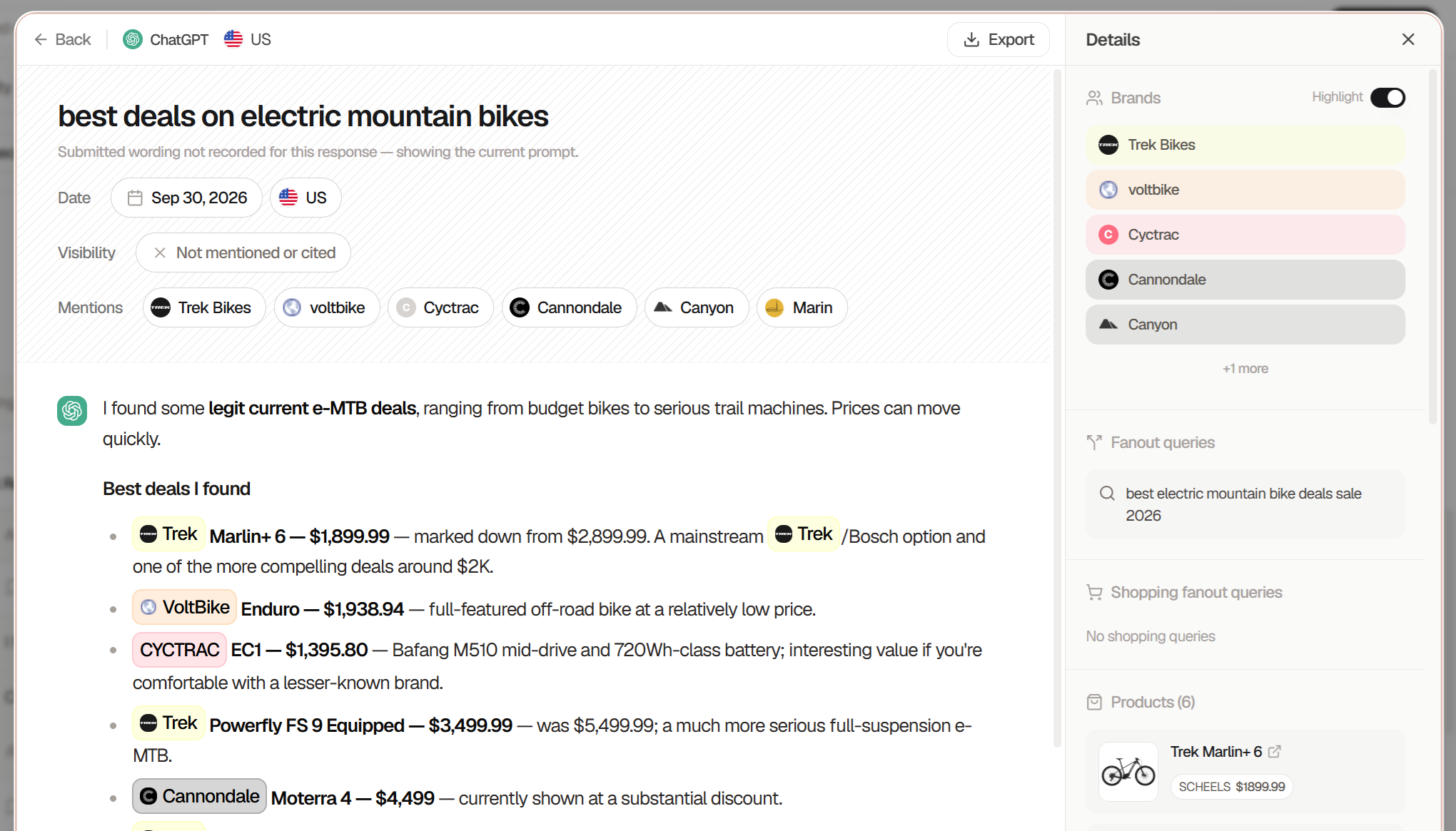 Searchable response view for the ChatGPT prompt "best deals on electric mountain bikes" showing the answer snapshot with brand mentions highlighted, plus a Details panel listing the brands, fan-out queries, shopping fan-out queries, and products