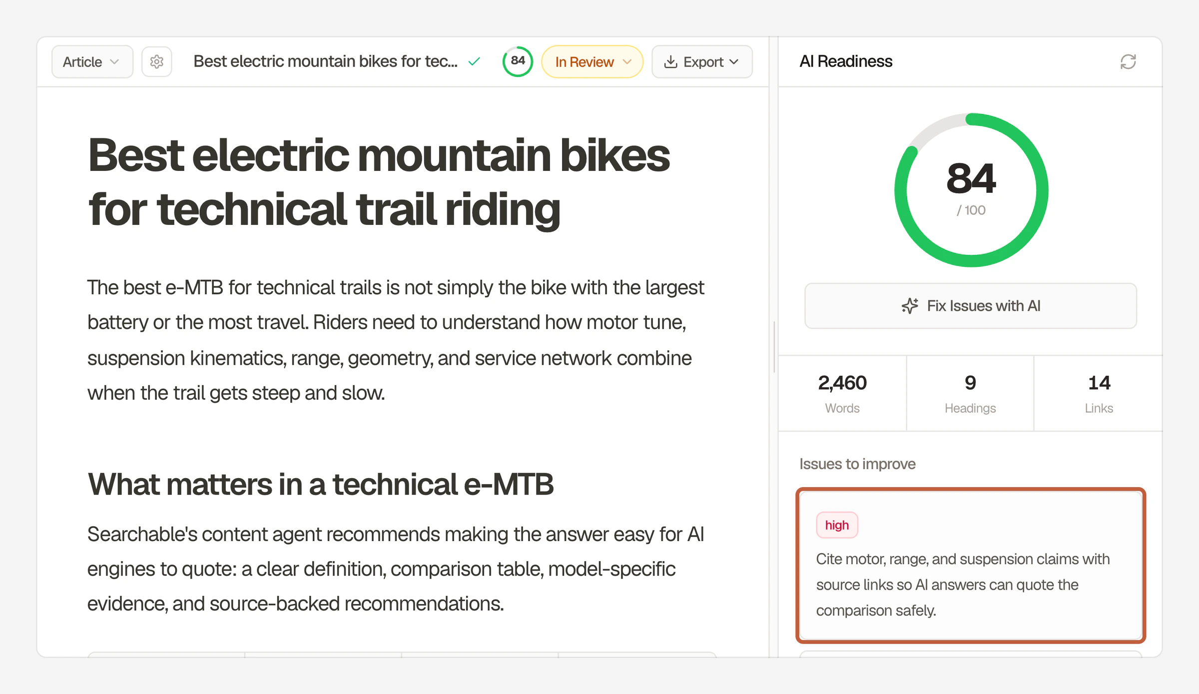 Searchable content agent AI Readiness panel scoring a draft 84 out of 100, with a high-priority issue boxed that asks for source links on motor, range, and suspension claims