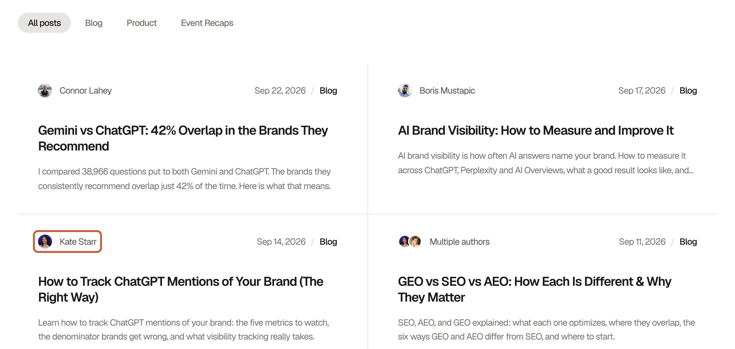 Searchable blog index with the author's name and photo above each article title, and Kate Starr's byline boxed