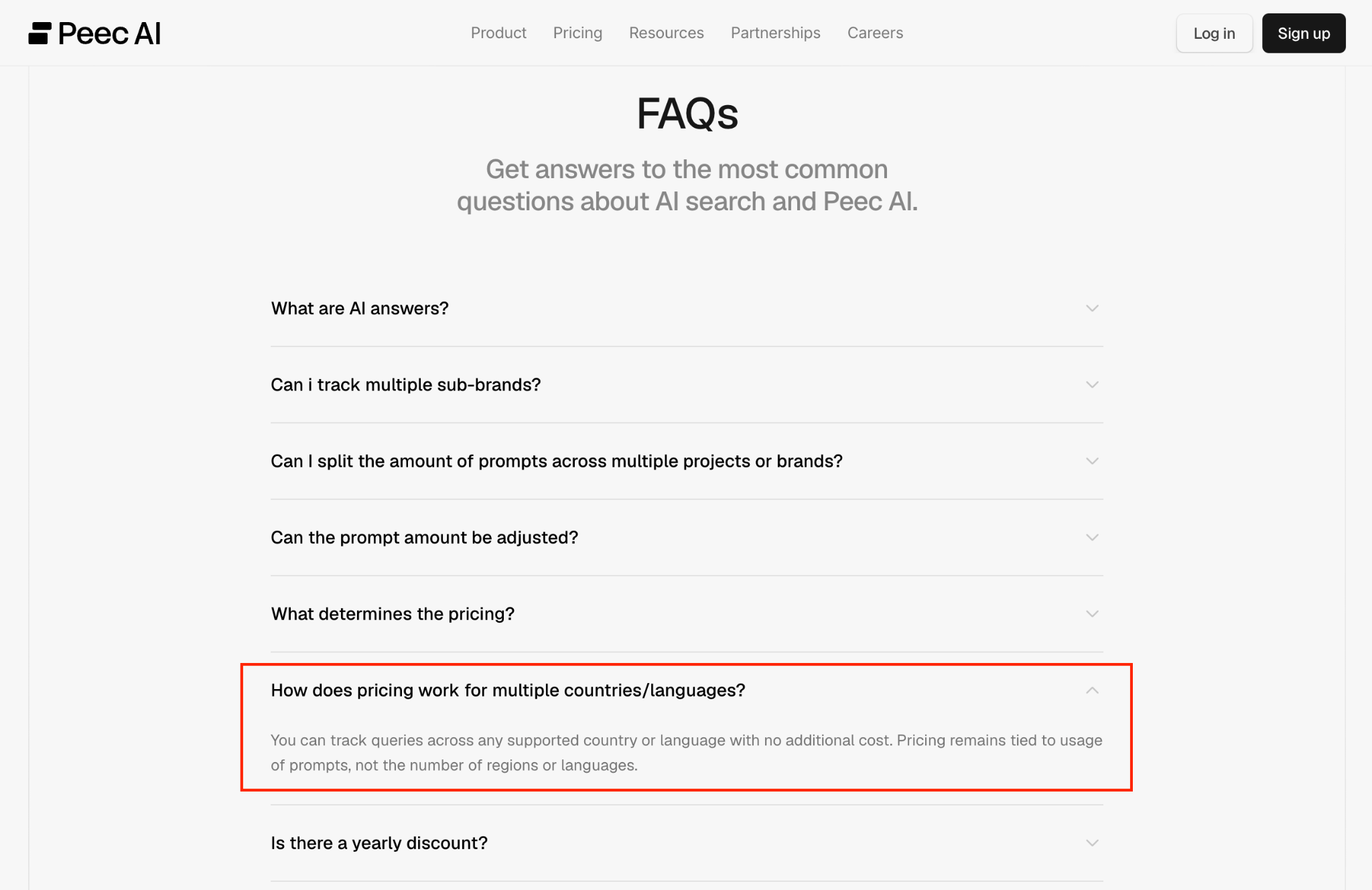 Peec AI pricing FAQ with the answer to "How does pricing work for multiple countries/languages?" boxed, saying you can track queries across any supported country or language with no additional cost