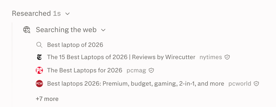 Perplexity's "Searching the web" panel expanded under "Researched", showing the sub-query "Best laptop of 2026" and the Wirecutter, PCMag, and PCWorld pages it retrieved
