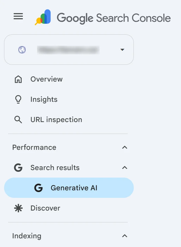 Google Search Console left sidebar with Search results expanded under Performance and the Generative AI report selected beneath it