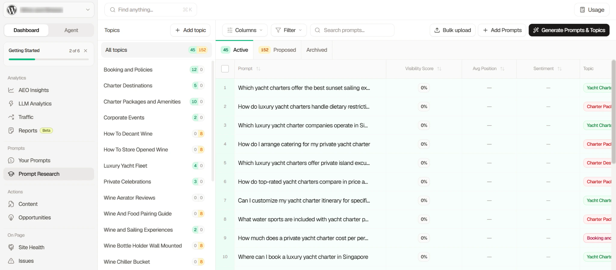 Searchable Prompt Research page with a list of topics on the left, a table of active prompts with visibility score, average position, sentiment, and topic columns, and the Bulk upload and Add Prompts buttons at the top right