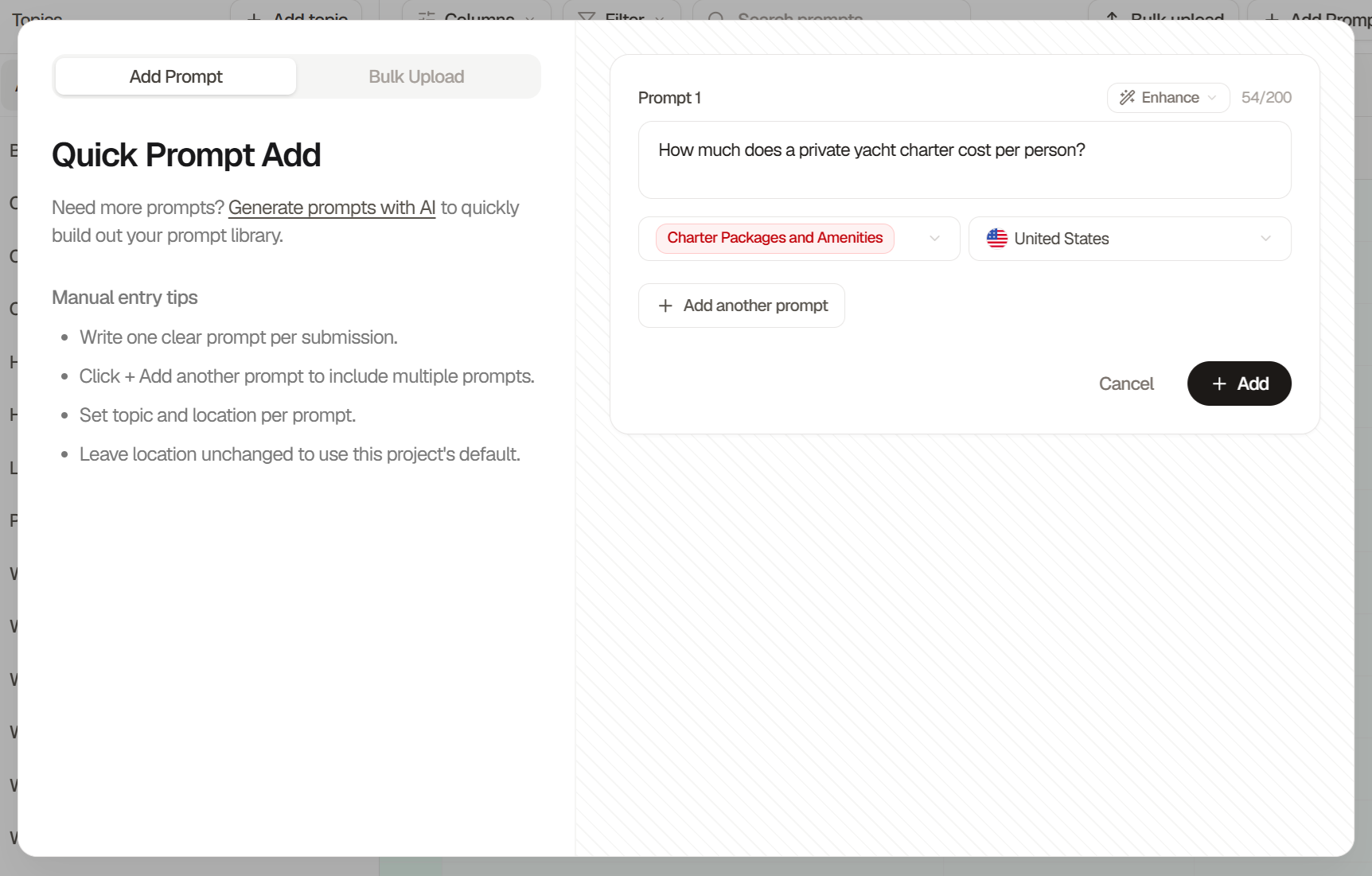 Searchable Quick Prompt Add modal with a prompt entered in the Prompt 1 field, a topic and United States selected below it, and the Add another prompt button