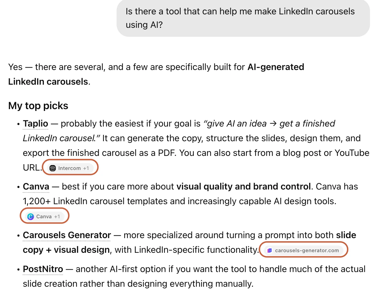 ChatGPT answer recommending AI tools for LinkedIn carousels, with the in-text source links after each tool boxed