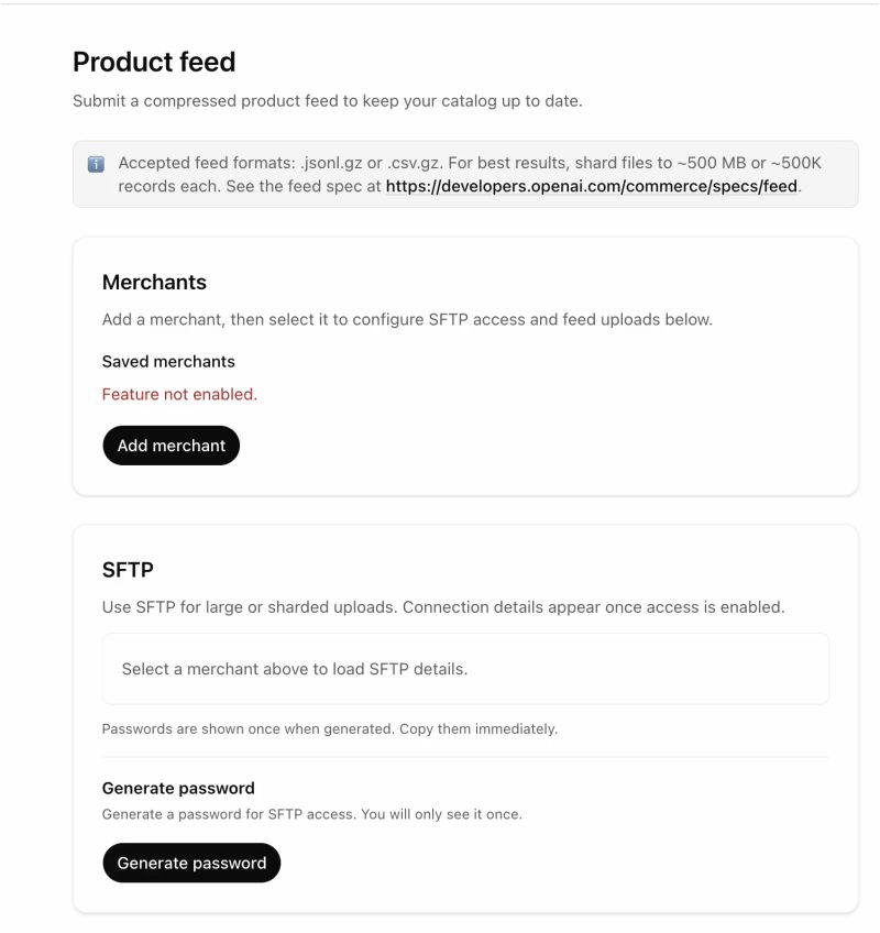 ChatGPT merchant dashboard showing product feed setup, merchant management, and SFTP configuration