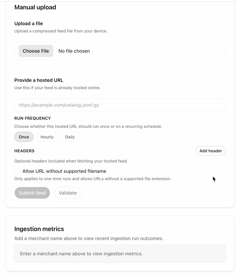 ChatGPT merchant dashboard showing manual file upload, hosted URL configuration, and ingestion metrics