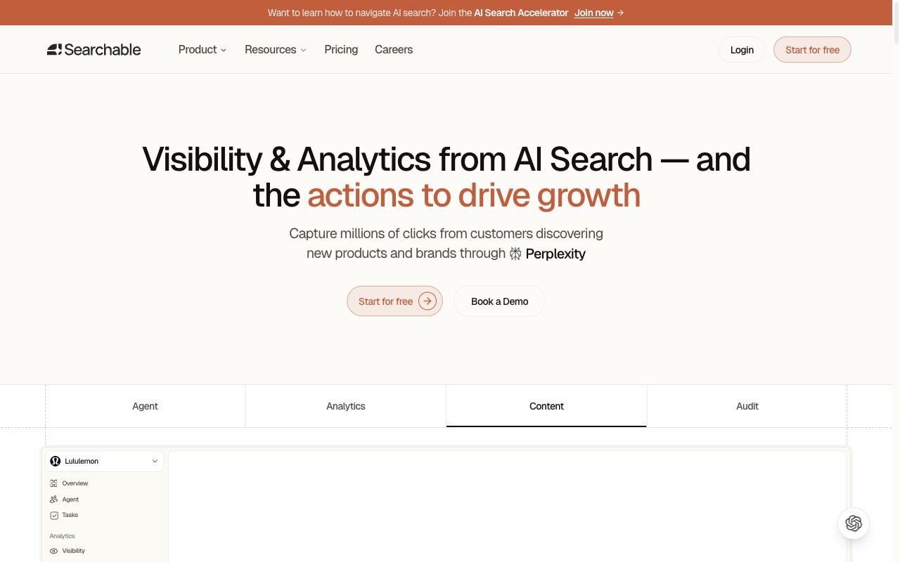 Searchable homepage: AI visibility and analytics platform