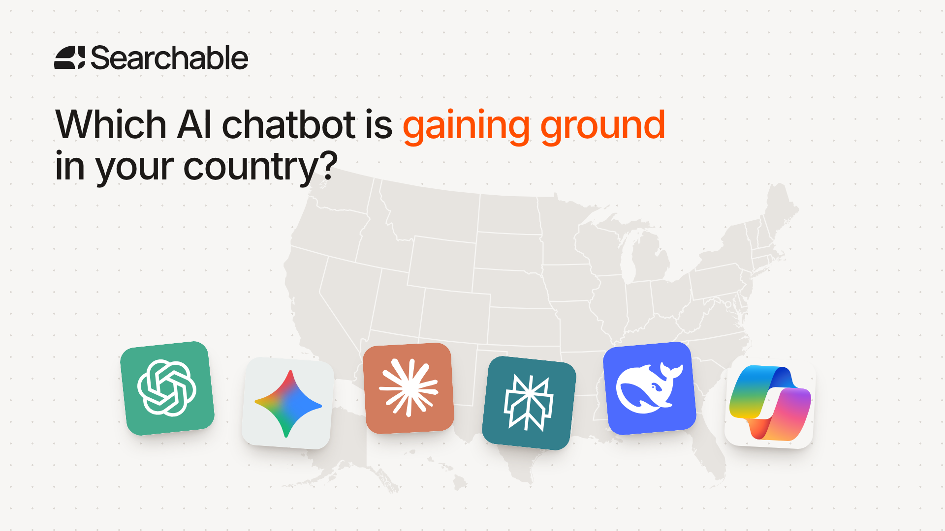 AI chatbot market share cover with a United States visibility map and AI assistant icons