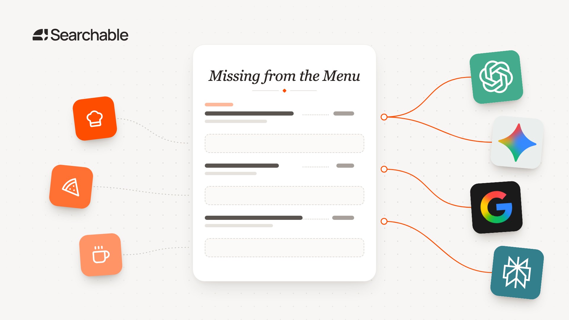Missing from the Menu: a restaurant menu card linked to four AI chatbot icons