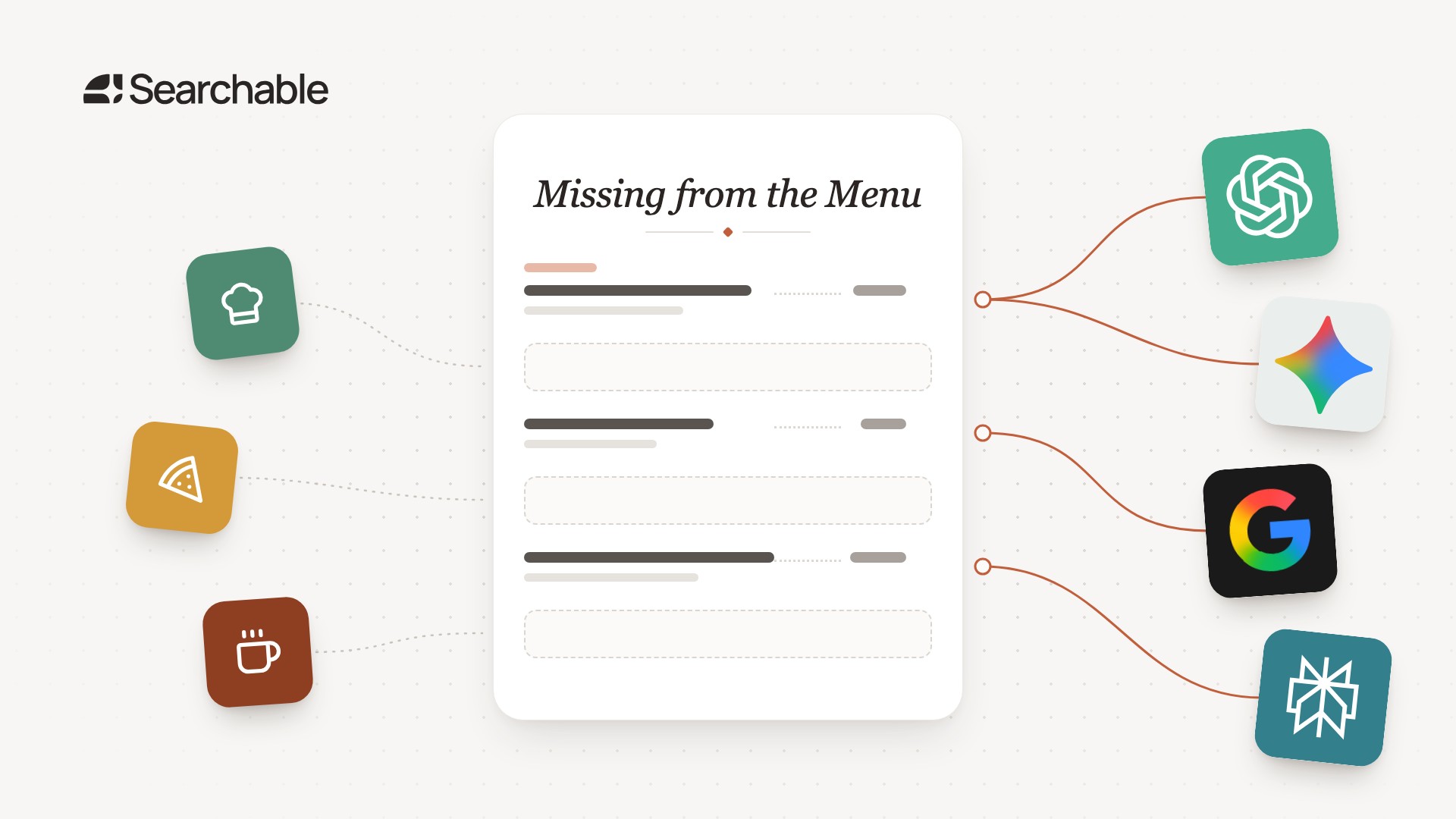 Missing from the Menu: a restaurant menu card linked to four AI chatbot icons
