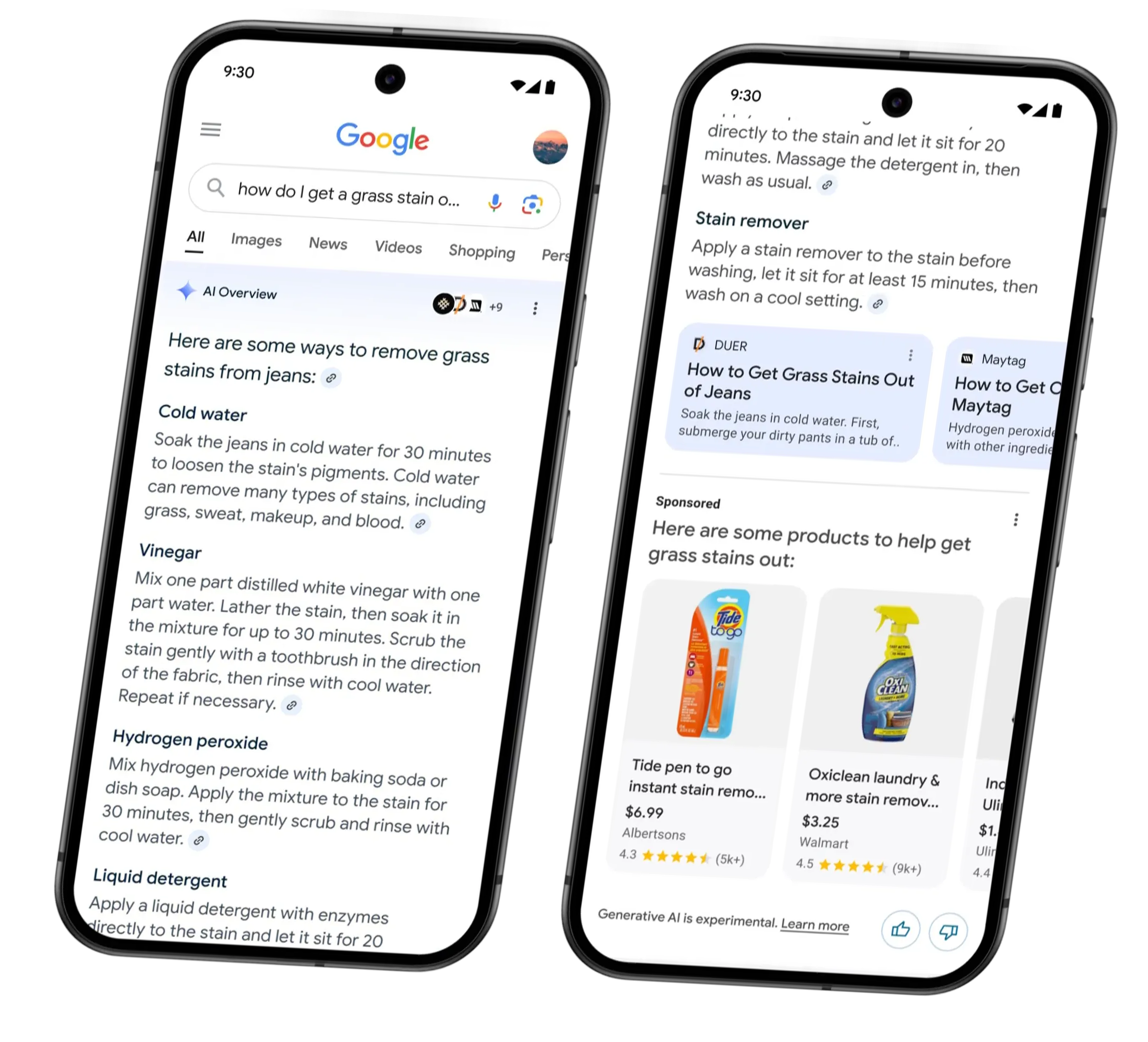 Google AI Overview showing sponsored product ads for stain removers alongside the AI-generated answer