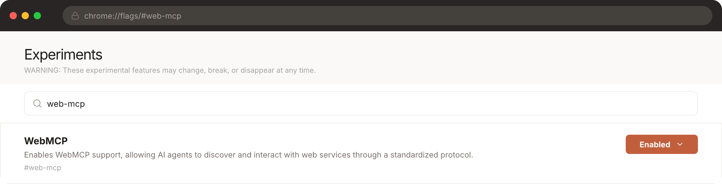 Chrome flags experimental settings showing WebMCP enabled