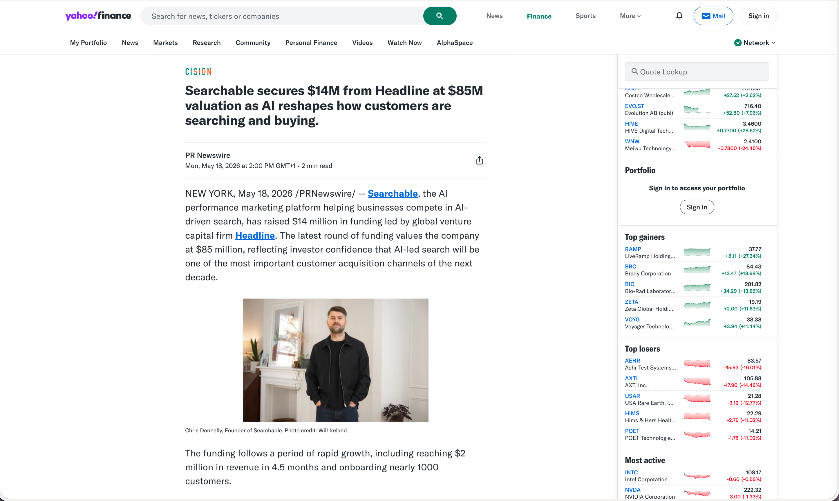 Yahoo Finance: Searchable secures $14M from Headline at $85M valuation